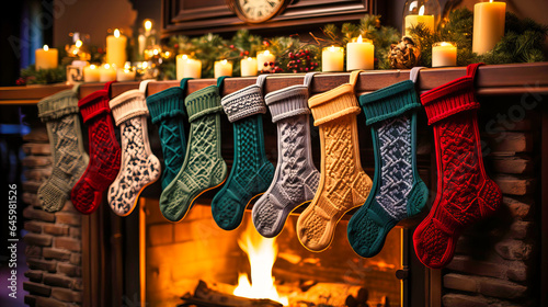 Hand-knit stockings hanging by a roaring fireplace