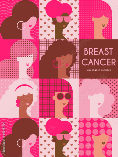 breast cancer awareness month for disease prevention campaign and diverse ethnic women group together with pink support ribbon symbol on chest concept, flat vector illustration