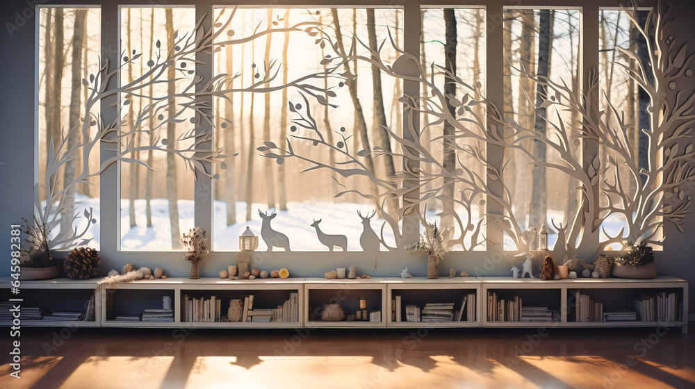 Obraz premium Snowy birch tree cutouts on window ledges