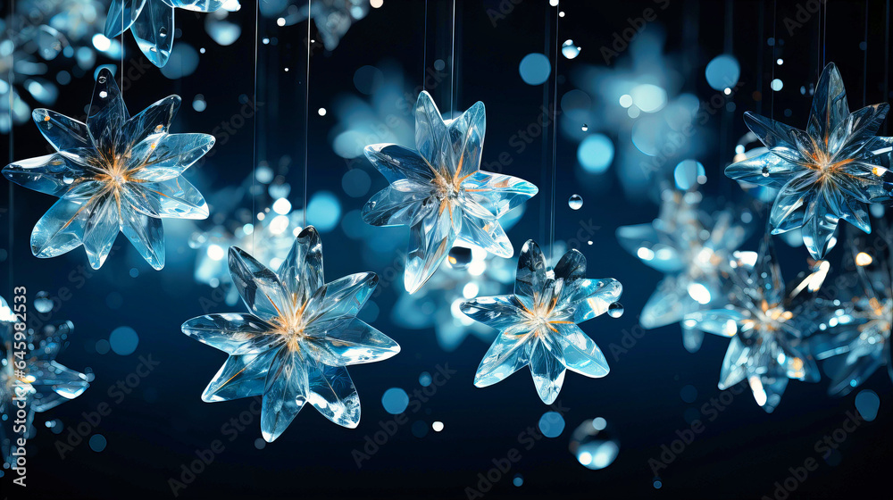 Crystal snowflakes suspended in mid-air
