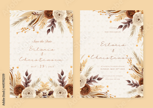 Brown white and beige modern wedding invitation template with flora and flower