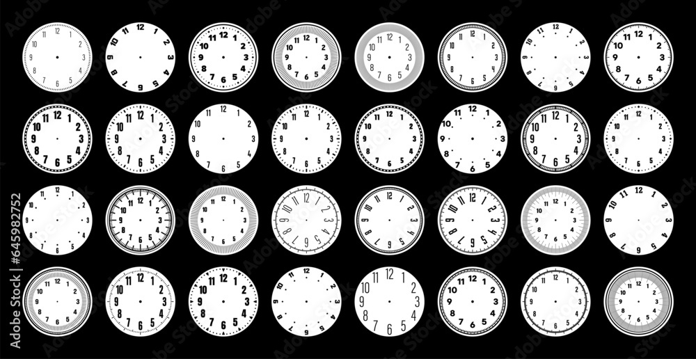 Mechanical clock faces, watch dial with numerals, bezel. Timer or stopwatch element with minute, hour marks and numbers. Blank measuring circle scale with divisions. Vector illustration Mechanical clock faces, watch dial with numerals, bezel. Timer or stopwatch element with minute, hour marks and numbers. Blank measuring circle scale with divisions. Vector illustration