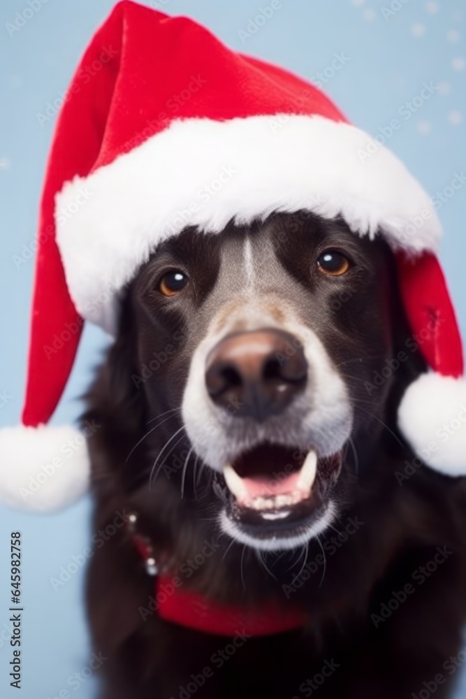 Close up shot of labrador, portrait of brown dog with santa hat on head, dog isolated on blue background