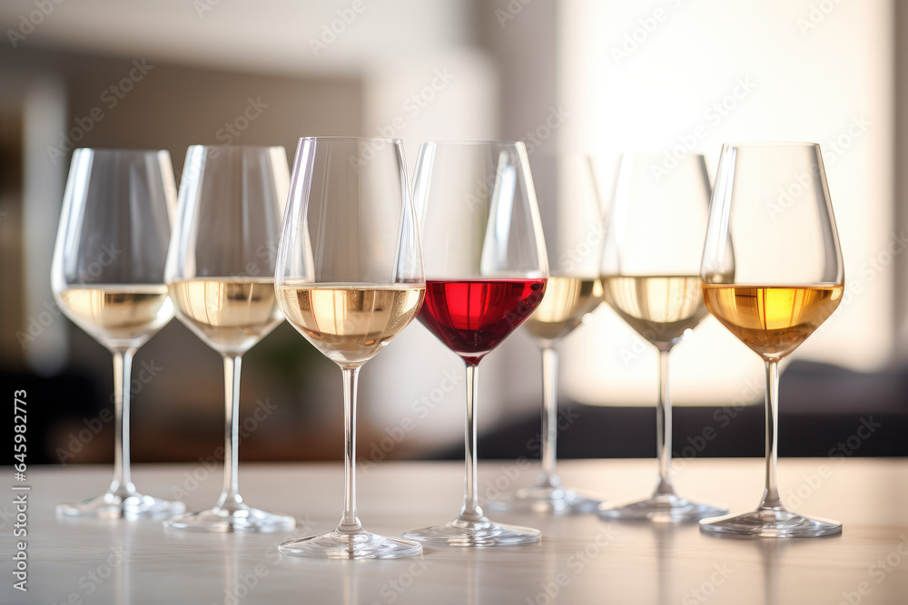a display of different wines in glasses for tasting in a neutral environment a display of different wines in glasses for tasting in a neutral environment