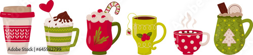 Set of winter mugs, coffee, tea, chocolate and eggnog drinks isolated on white background.