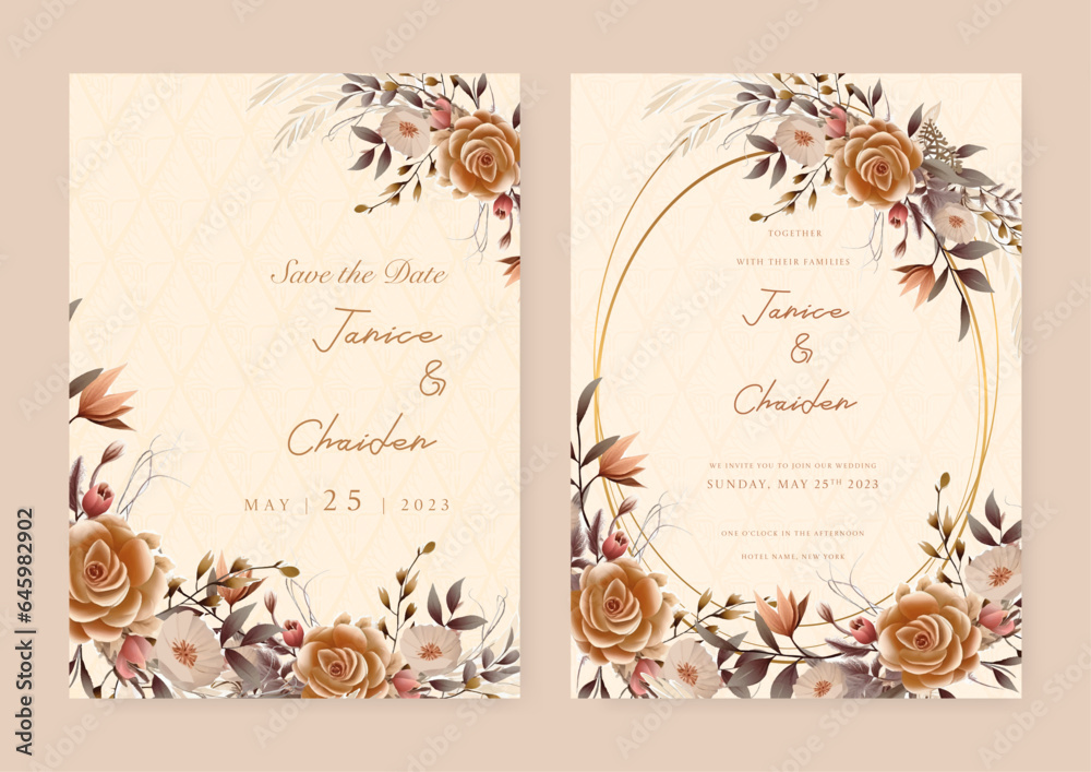 Fototapeta premium Brown white and beige modern wedding invitation template with flora and flower