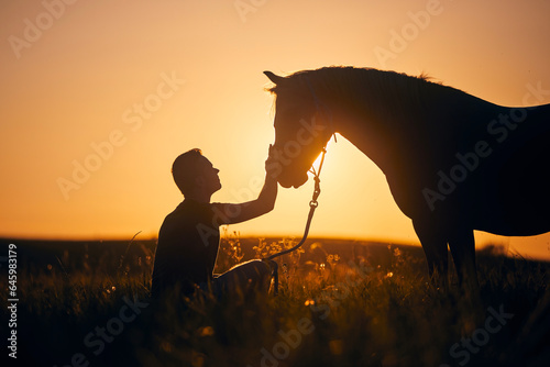 Silhousette of man while stroking of therapy horse on meadow at sunset. Themes hippotherapy  care and friendship between people and animals..