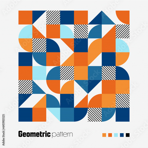 Geometric trendy pattern, Bauhaus style. Modern colorful background with simple elements. Retro texture with basic geometric shapes. Print design, minimalist poster cover. Vector illustration