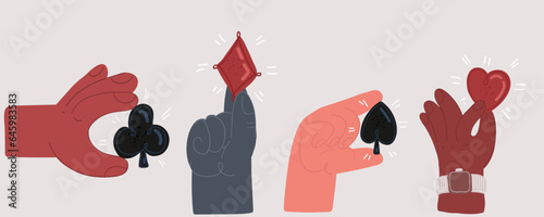 Vector illustration of Hand holding playing cards suits. Clubs, diamonds, spades, hearts.
