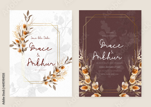Brown beige and white modern wedding invitation template with flora and flower