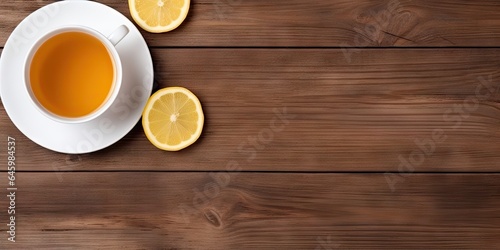 Morning bliss. Enjoying hot lemon juice in cup in rustic Setting on wooden table on vintage background top view