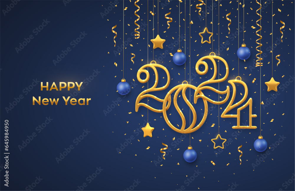 Happy New 2024 Year. Hanging Golden metallic numbers 2024 with shining 3D metallic stars, balls and confetti on blue background. New Year greeting card, banner template. Realistic Vector illustration. Happy New 2024 Year. Hanging Golden metallic numbers 2024 with shining 3D metallic stars, balls and confetti on blue background. New Year greeting card, banner template. Realistic Vector illustration.