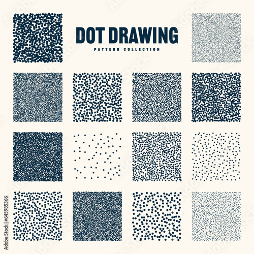 Square shaped dotted objects, vintage stipple elements. Stippling, dotwork drawing, shading using dots. Halftone effect. White noise grainy texture, pattern. Vector illustration