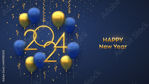 Happy New 2024 Year. Hanging Golden metallic numbers 2024 with 3D festive helium balloons and falling confetti on blue background. New Year, Xmas greeting card, banner template. Vector illustration.