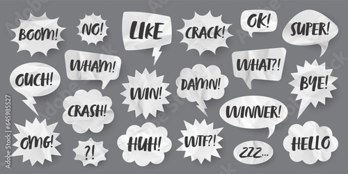 Crumpled paper comic speech bubbles. Hand drawn retro cartoon stickers with text. Pop art style. Old, vintage dialog boxes with cardboard texture. Vector illustration