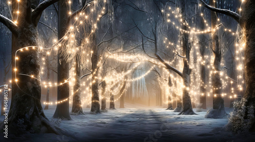 Forests of snow-laden trees, intertwined with glowing fairy lights © Nilima