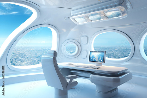 Technology station spaceship blue star view cabin planet travel window flying inside