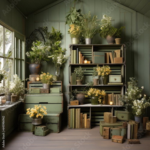 Crates brimming with gardening tools and potted plan 