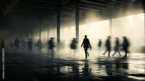 Blurred silhouettes of workers rushing