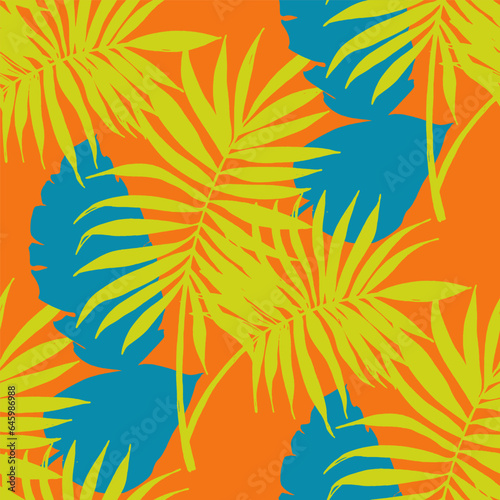 Seamless tropical pattern with stylized coconut palm leaves.