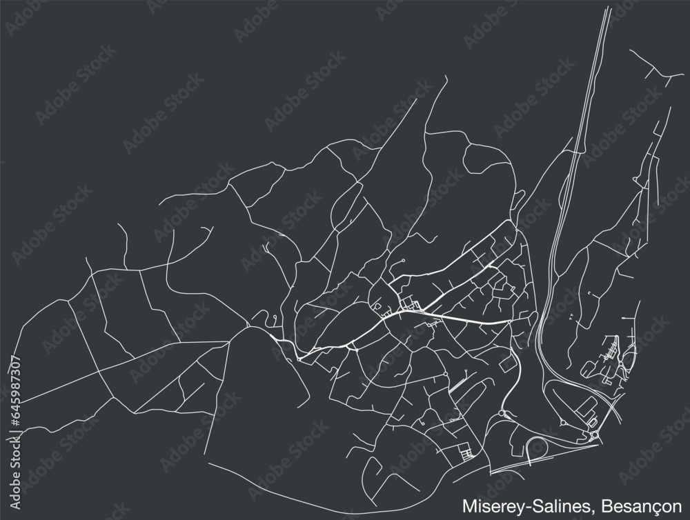Detailed hand-drawn navigational urban street roads map of the MISEREY-SALINES COMMUNE of the French city of BESANCON, France with vivid road lines and name tag on solid background