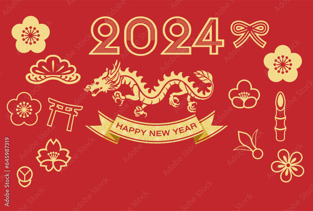 Naklejka premium 2024年賀状テンプレート - 龍と縁起物アイコン 赤色背景