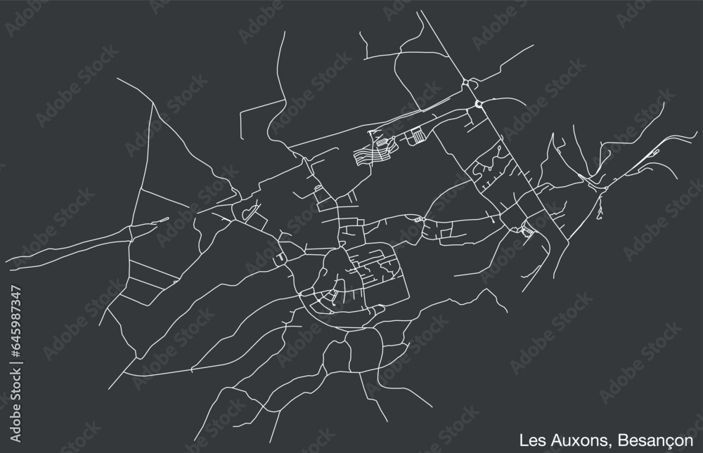 Detailed hand-drawn navigational urban street roads map of the LES AUXONS COMMUNE of the French city of BESANCON, France with vivid road lines and name tag on solid background