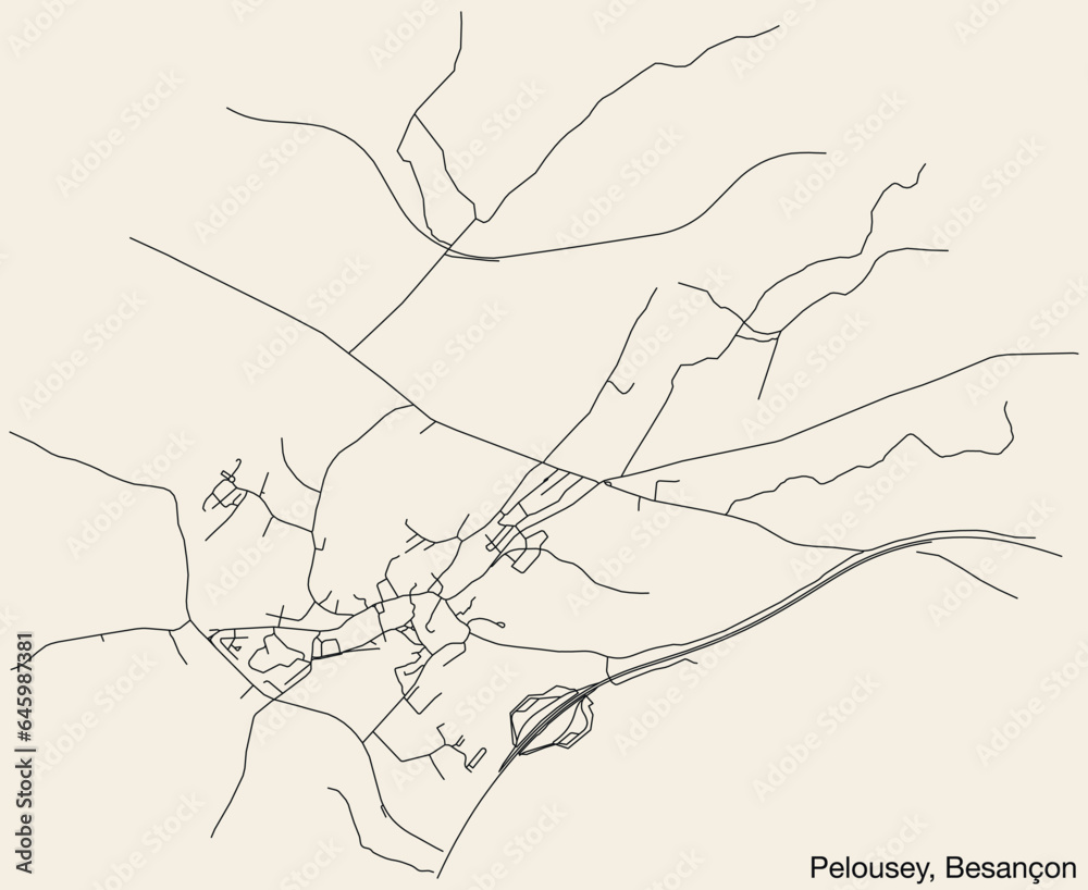 Detailed hand-drawn navigational urban street roads map of the PELOUSEY COMMUNE of the French city of BESANCON, France with vivid road lines and name tag on solid background
