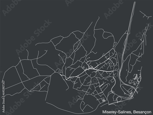 Detailed hand-drawn navigational urban street roads map of the MISEREY-SALINES COMMUNE of the French city of BESANCON, France with vivid road lines and name tag on solid background