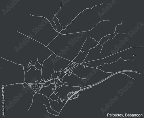 Detailed hand-drawn navigational urban street roads map of the PELOUSEY COMMUNE of the French city of BESANCON, France with vivid road lines and name tag on solid background