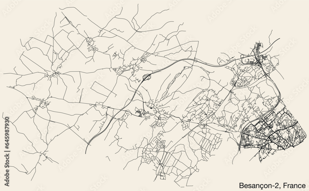 Detailed hand-drawn navigational urban street roads map of the BESANCON-2 CANTON of the French city of BESANCON, France with vivid road lines and name tag on solid background