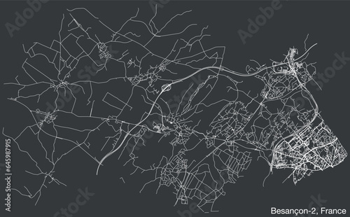 Detailed hand-drawn navigational urban street roads map of the BESANCON-2 CANTON of the French city of BESANCON, France with vivid road lines and name tag on solid background