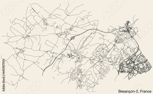 Detailed hand-drawn navigational urban street roads map of the BESANCON-2 CANTON of the French city of BESANCON, France with vivid road lines and name tag on solid background