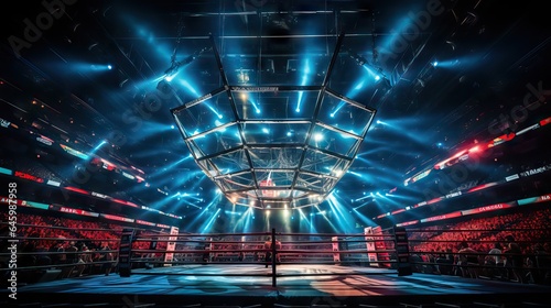 An electrifying illustration of a large boxing arena, buzzing with anticipation just moments before a high-stakes match is about to begin. The atmosphere is palpable, generative ai