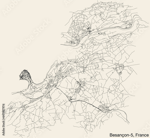 Detailed hand-drawn navigational urban street roads map of the BESANCON-5 CANTON of the French city of BESANCON, France with vivid road lines and name tag on solid background