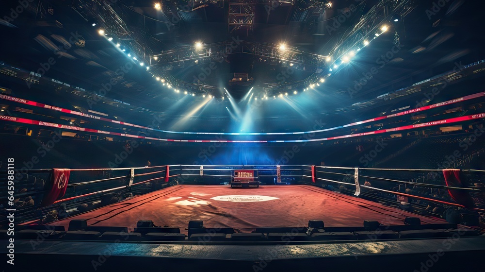 An electrifying illustration of a large boxing arena, buzzing with anticipation just moments before a high-stakes match is about to begin. The atmosphere is palpable, generative ai - obrazy, fototapety, plakaty 