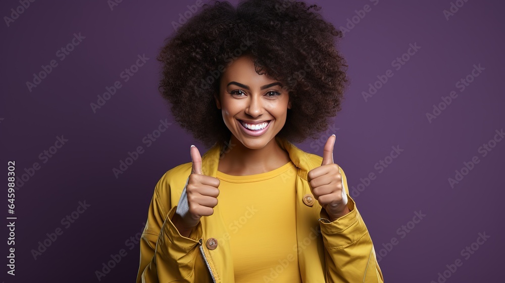 Positive woman showing thumbs up on purple background Positive woman showing thumbs up on purple background