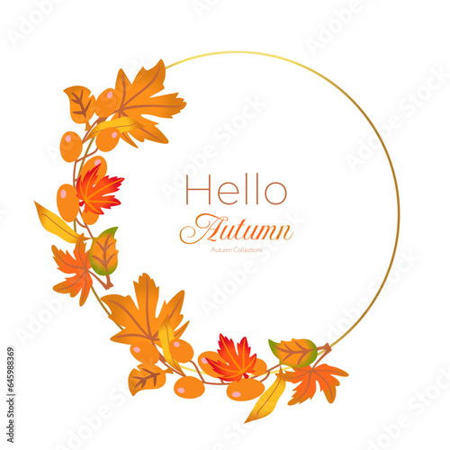 Hello autumn wreath with leaf and gold frame