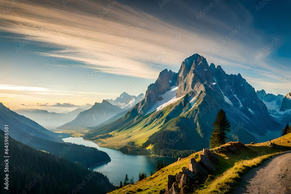 Obraz premium landscape with lake and mountains