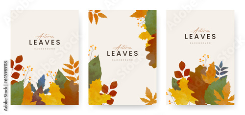 Autumn fallen leaves on background frame. Watercolor maple leaf. Nature fall season template for banner, ticket, leaflet, card, poster. Watercolor style. Hand drawn elegant design Vector illustration.