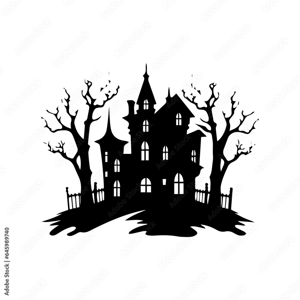  Silhouette of vampire castle Scary ghost house on Halloween night. 
