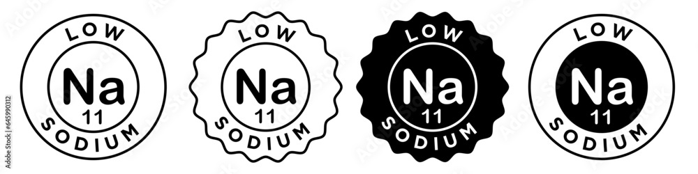 Low sodium icon. Na 11 salt free food product for dieting symbol. Healthy meal for fitness badge sticker vector.