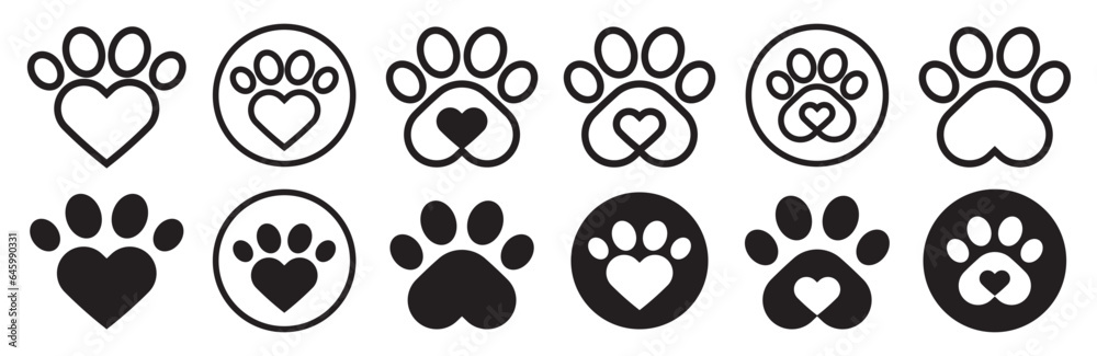 Paw print icon. Pet animal health care insurance symbol. Dog or cat footprint mark vector. Kitty paw with heart sign. Pet love logo. Paw print icon. Pet animal health care insurance symbol. Dog or cat footprint mark vector. Kitty paw with heart sign. Pet love logo.
