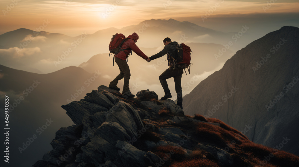  Friendship. Mountain climber helping friend to reach the peak