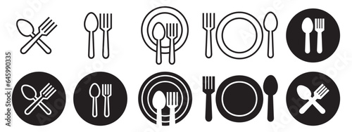 Spoon fork cutlery icon. Kitchen dining utensil symbol. Food eating silverware tool vector. Culinary plate with tableware equipment set