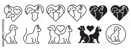 Pet animal icon. Cute dog or cat with heart symbol. Kitten puppy love drawing vector. Feline kitty health care sign. Pet insurance logo.