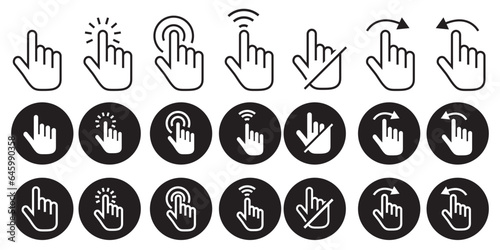Touch click icon. Mobile phone screen zoom pan or swipe left or right side symbol. Hand finger gesture with arrow pointer to push or press the button vector set. Move cursor here sign.
