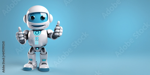 Fun technology banner, template, copy space. Cute robot showing thumbs up. Isolated on light blue background..