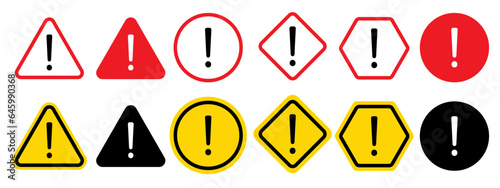 Warning sign icon. Caution alert message in hazardous place symbol. Danger exclamation sign vector. Safety precaution triangle shape sticker. Stop signal logo