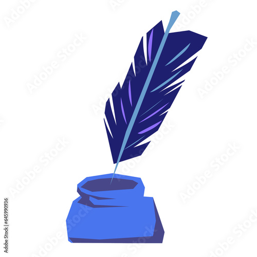 Inkwell with feather, emblem of literature, inspiration and creativity, flat vector illustration isolated on white background. Storytelling and creative endeavors, poetry or calligraphy symbol.